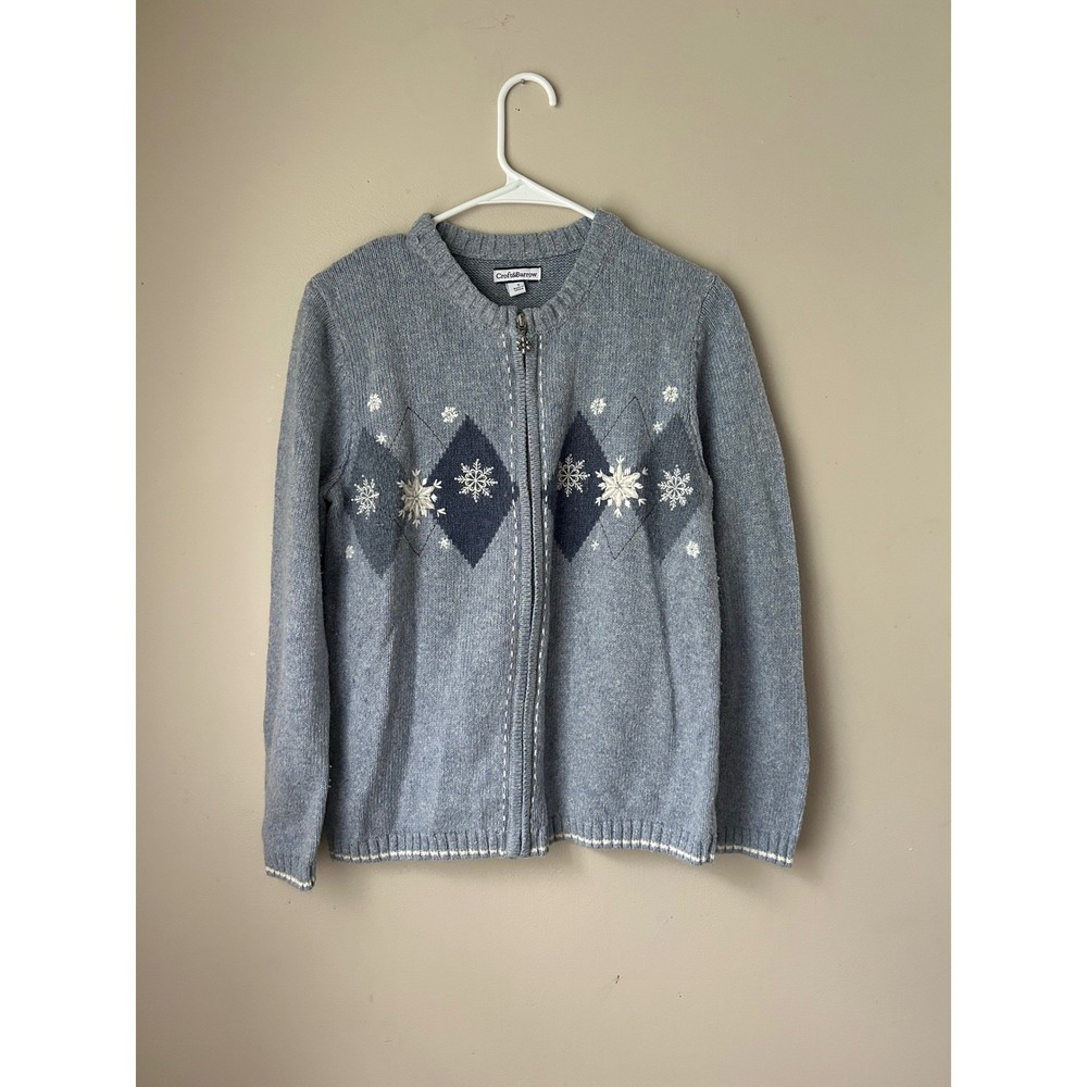 Cozy Croft & Barrow Womens Snowflake Argyle Cardigan Grandma Blue Small Winter